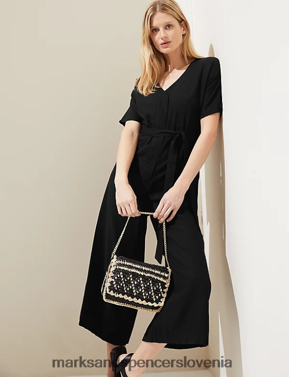 skrajšan kombinezon s širokimi nogavicami, bogat s perilom Črna Marks & Spencer oblačila ženske 6T8F6X2891