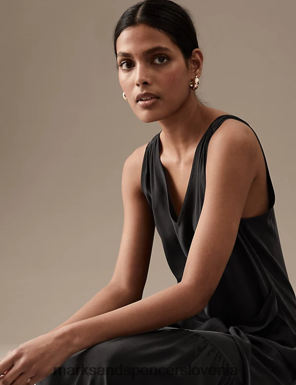 slip obleka midaxi s pasom iz čiste svile Črna Marks & Spencer oblačila ženske 6T8F6X989