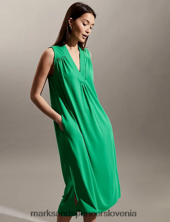sproščena midi obleka z v-izrezom zelena Marks & Spencer oblačila ženske 6T8F6X314