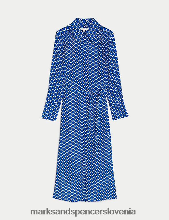 srajčna obleka midaxi z bogato bakro geometrijo modra mešanica Marks & Spencer oblačila ženske 6T8F6X56