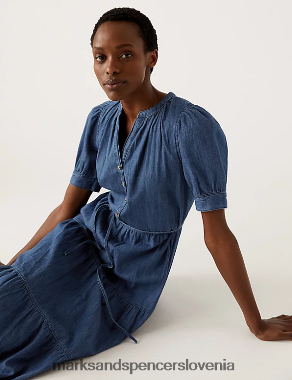 večplastna midi obleka z v-izrezom spredaj denim Marks & Spencer oblačila ženske 6T8F6X162