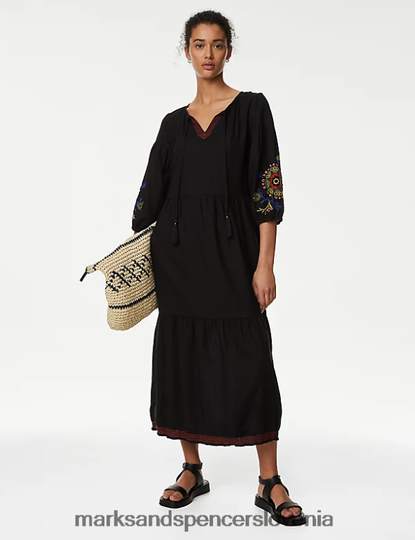 vezena midi obleka za plažo iz mešanice lanu Črna Marks & Spencer oblačila ženske 6T8F6X1739