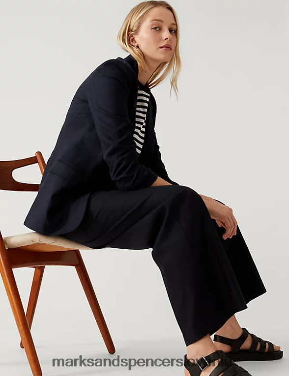 blazer z naborkanimi rokavi iz mešanice lanu polnočna mornarica Marks & Spencer oblačila ženske 6T8F6X3024