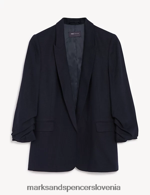 blazer z naborkanimi rokavi iz mešanice lanu polnočna mornarica Marks & Spencer oblačila ženske 6T8F6X3024