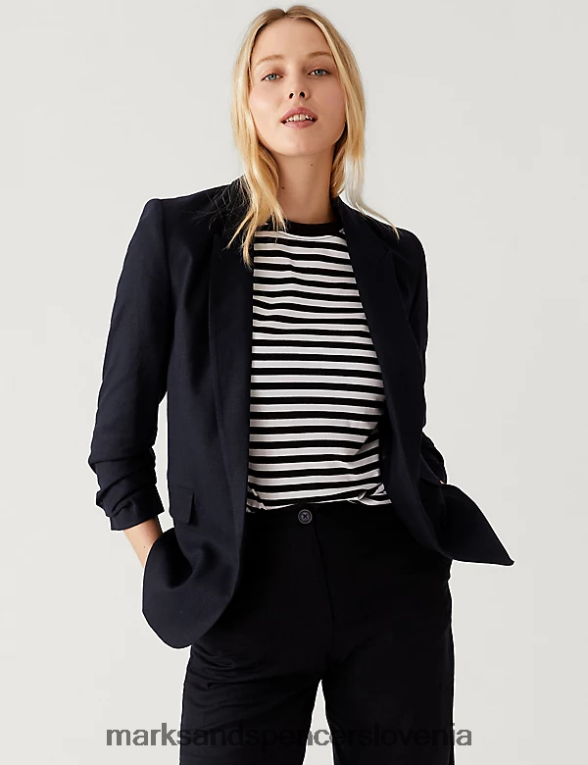blazer z naborkanimi rokavi iz mešanice lanu polnočna mornarica Marks & Spencer oblačila ženske 6T8F6X3024
