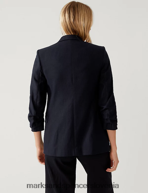 blazer z naborkanimi rokavi iz mešanice lanu polnočna mornarica Marks & Spencer oblačila ženske 6T8F6X3024
