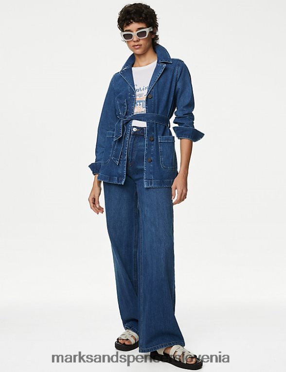 bombažna jakna iz jeansa s pasom Revere Collar srednji indigo Marks & Spencer oblačila ženske 6T8F6X671