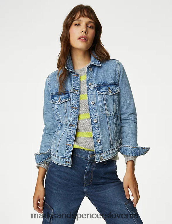 denim jakna iz čistega bombaža med modri denim Marks & Spencer oblačila ženske 6T8F6X1711