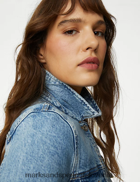 denim jakna iz čistega bombaža med modri denim Marks & Spencer oblačila ženske 6T8F6X1711