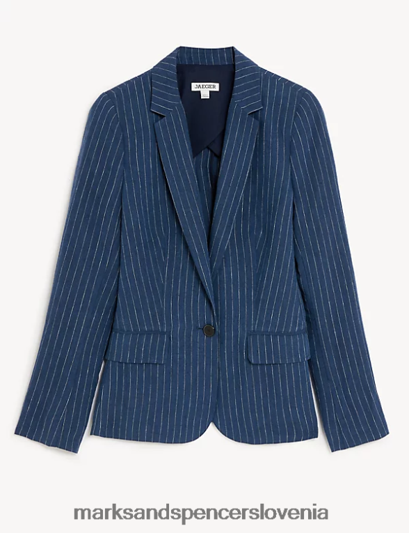 enodelni blazer s črtami iz čistega lanu bela/mornarsko modra Marks & Spencer oblačila ženske 6T8F6X1129