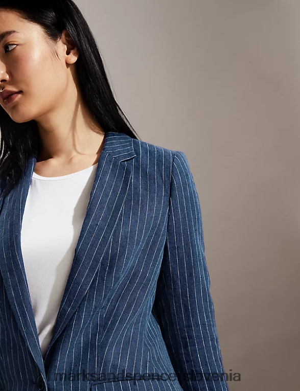 enodelni blazer s črtami iz čistega lanu bela/mornarsko modra Marks & Spencer oblačila ženske 6T8F6X1129