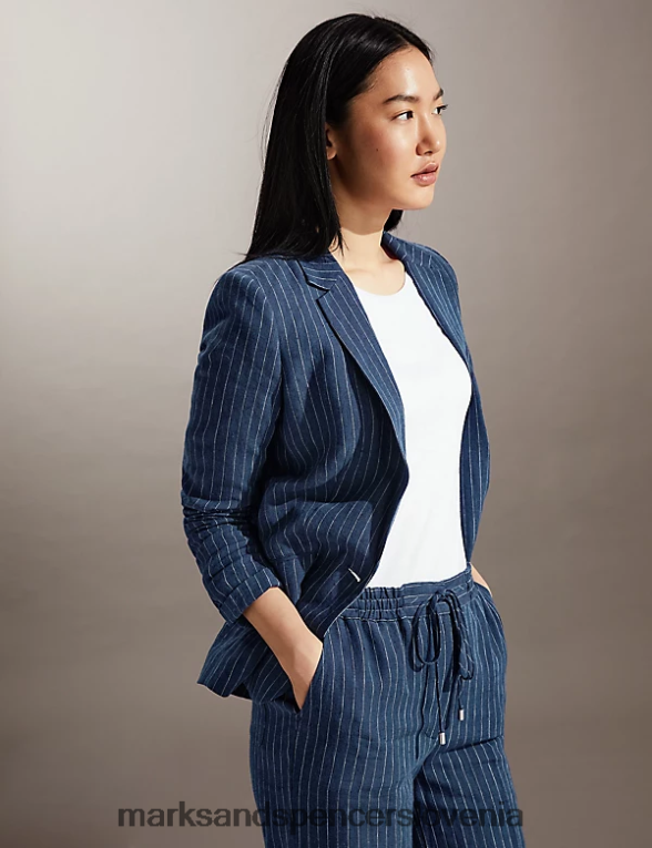 enodelni blazer s črtami iz čistega lanu bela/mornarsko modra Marks & Spencer oblačila ženske 6T8F6X1129