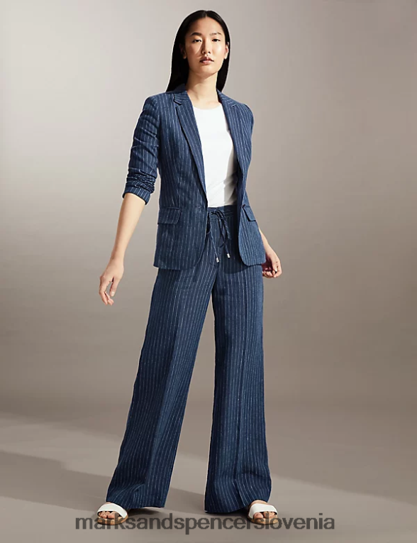 enodelni blazer s črtami iz čistega lanu bela/mornarsko modra Marks & Spencer oblačila ženske 6T8F6X1129