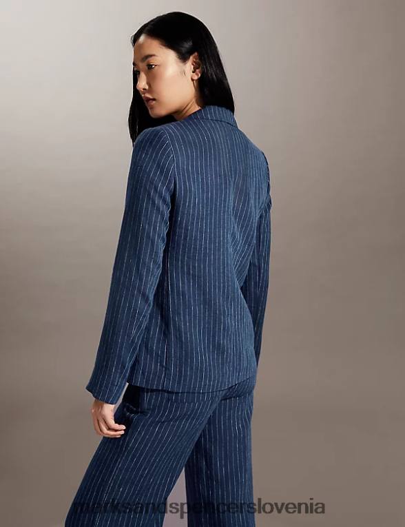 enodelni blazer s črtami iz čistega lanu bela/mornarsko modra Marks & Spencer oblačila ženske 6T8F6X1129