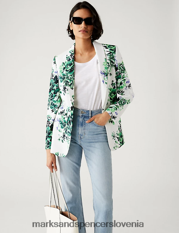 sproščen blazer s cvetličnim videzom satena zelena mešanica Marks & Spencer oblačila ženske 6T8F6X443