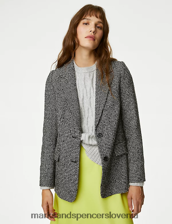 sproščen karirasti enoprsni blazer iz tvida črna mešanica Marks & Spencer oblačila ženske 6T8F6X106