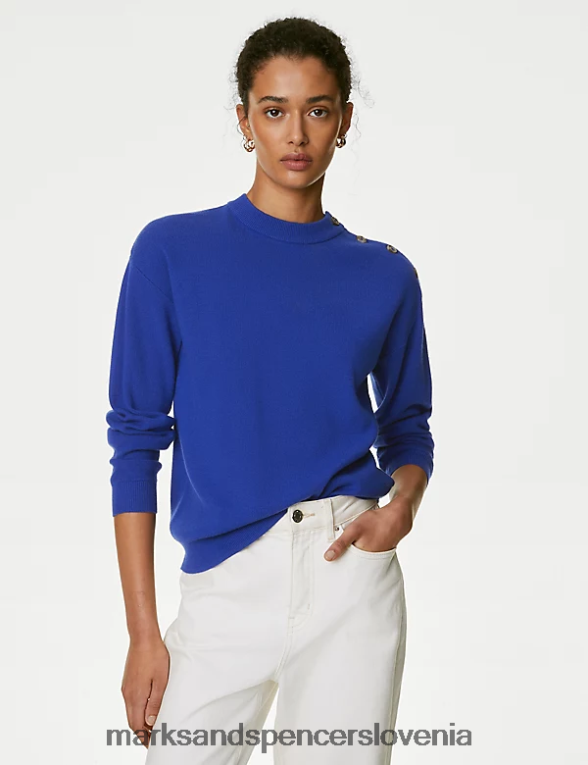 mehak pulover z okroglim izrezom in gumbi električno modra Marks & Spencer oblačila ženske 6T8F6X2192