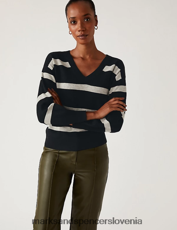 mehak črtast rebrast pulover z v-izrezom črna mešanica Marks & Spencer oblačila ženske 6T8F6X1376