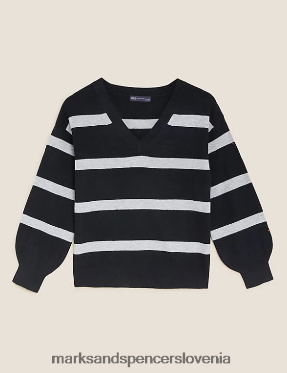 mehak črtast rebrast pulover z v-izrezom črna mešanica Marks & Spencer oblačila ženske 6T8F6X1376
