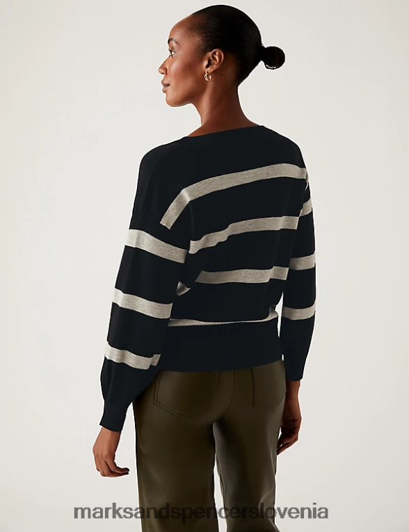 mehak črtast rebrast pulover z v-izrezom črna mešanica Marks & Spencer oblačila ženske 6T8F6X1376