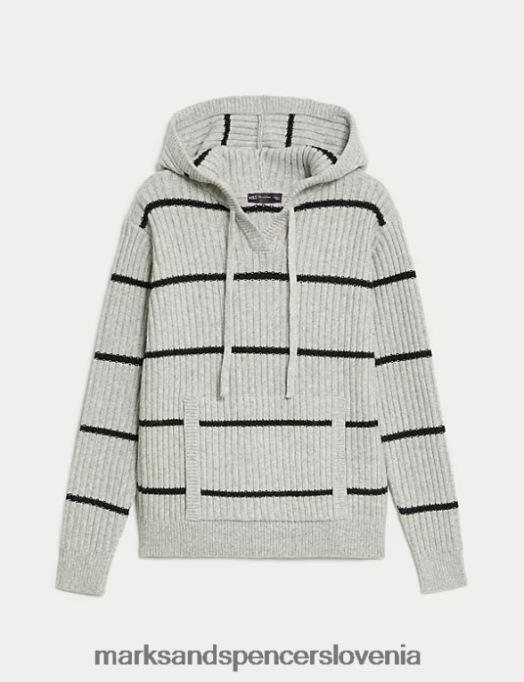 pleten pulover s kapuco s črtastim v-izrezom siva mešanica Marks & Spencer oblačila ženske 6T8F6X782