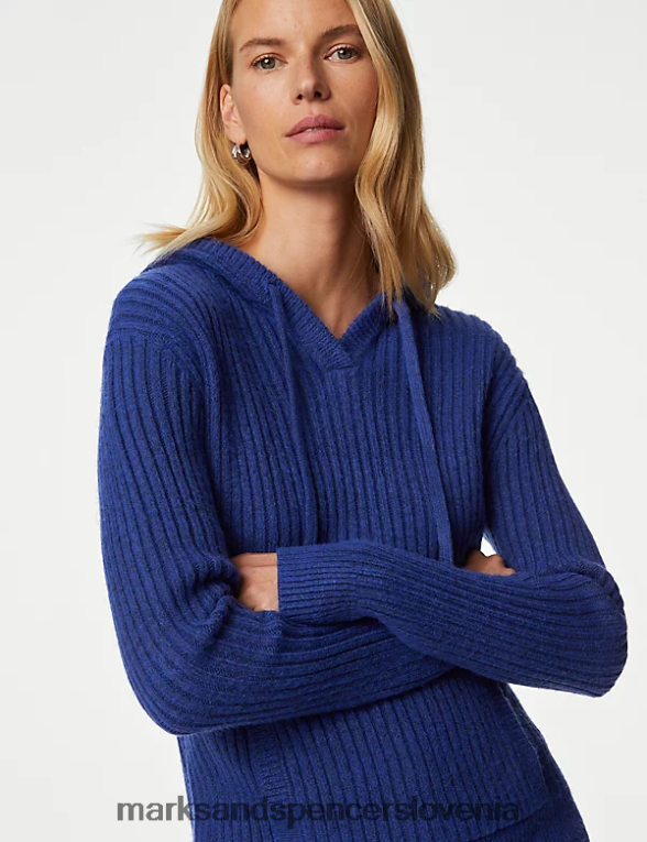 pulover s kapuco z rebrastim v-izrezom električno modra Marks & Spencer oblačila ženske 6T8F6X247
