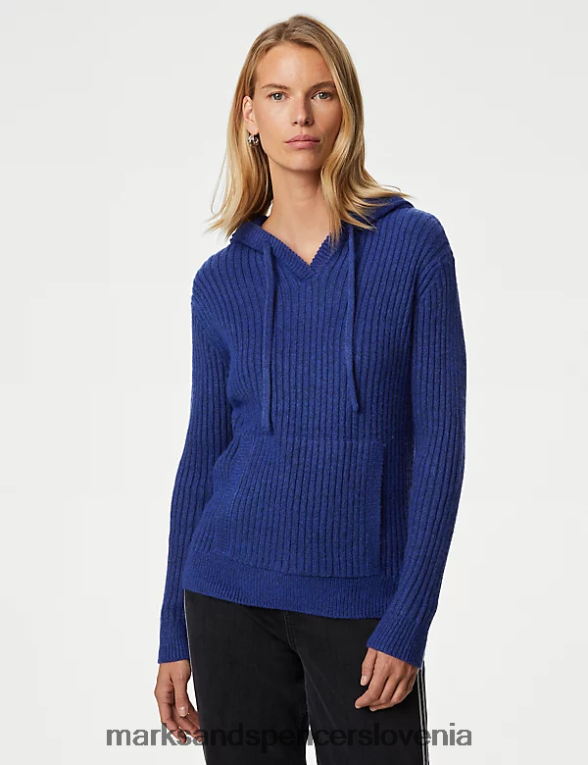 pulover s kapuco z rebrastim v-izrezom električno modra Marks & Spencer oblačila ženske 6T8F6X247