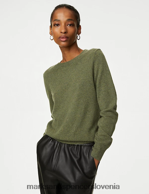 pulover z okroglim izrezom iz čistega kašmirja kaki lapor Marks & Spencer oblačila ženske 6T8F6X3507