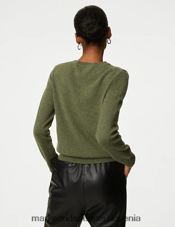 pulover z okroglim izrezom iz čistega kašmirja kaki lapor Marks & Spencer oblačila ženske 6T8F6X3507