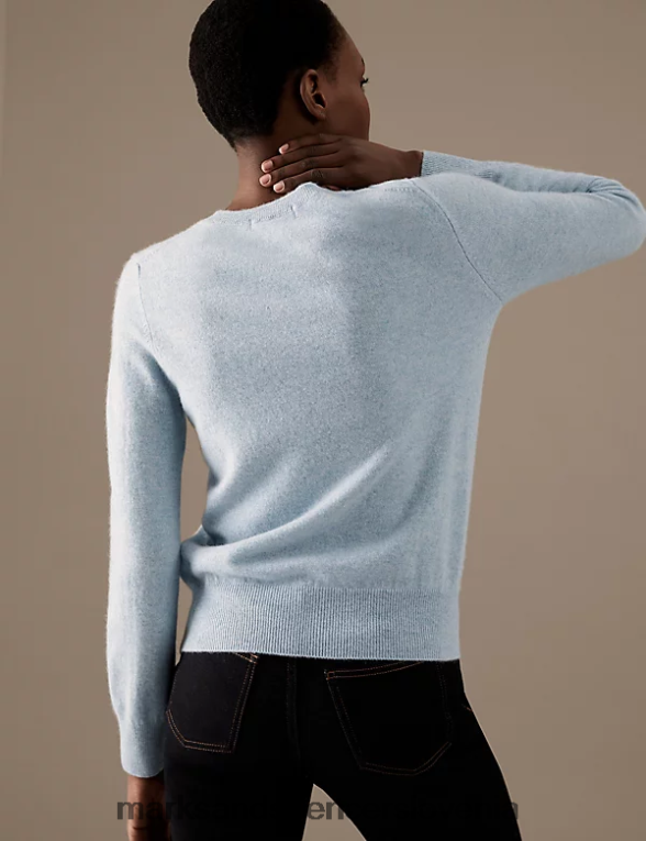 pulover z okroglim izrezom iz čistega kašmirja sivo modra Marks & Spencer oblačila ženske 6T8F6X3506
