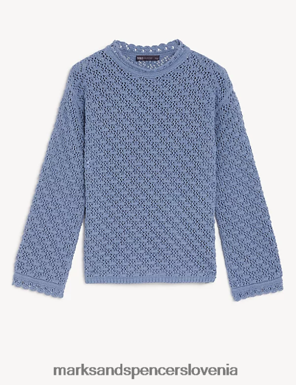 pulover z okroglim izrezom iz mešanice bombaža sivo modra Marks & Spencer oblačila ženske 6T8F6X261