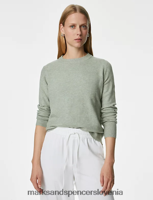 pulover z okroglim izrezom iz reciklirane mešanice nežno zelena Marks & Spencer oblačila ženske 6T8F6X499