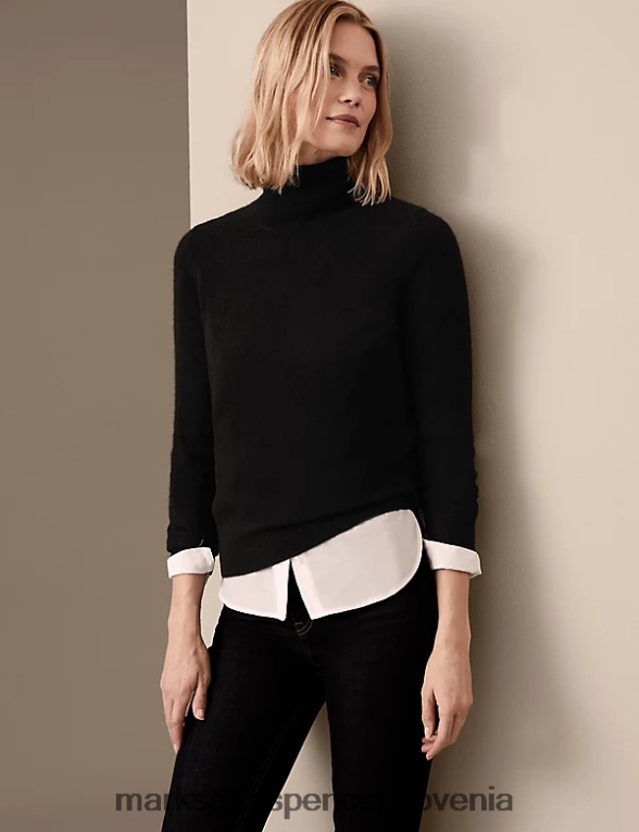 pulover z ovratnikom iz čistega kašmirja Črna Marks & Spencer oblačila ženske 6T8F6X3114