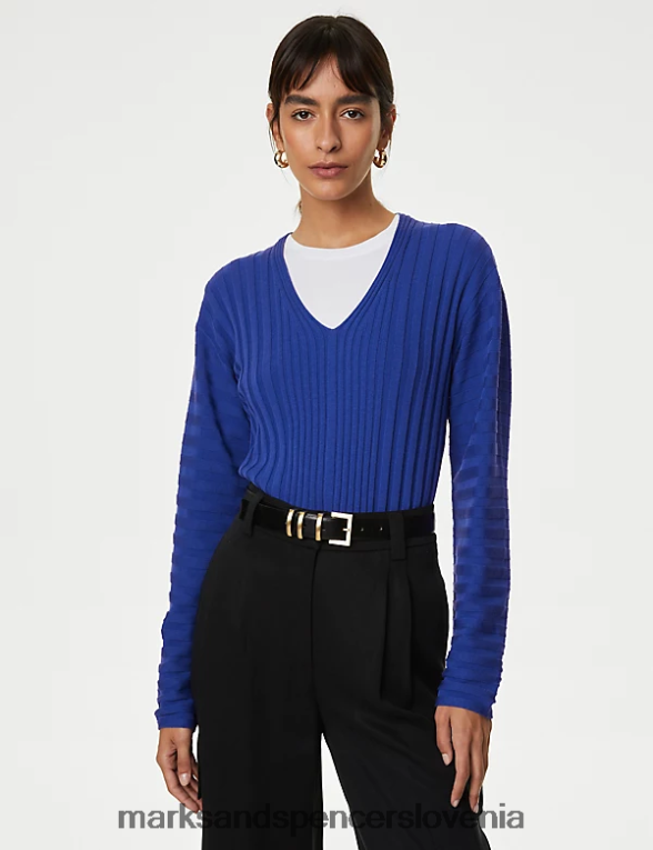 pulover z rebrastim v-izrezom iz mešane svile iris Marks & Spencer oblačila ženske 6T8F6X532