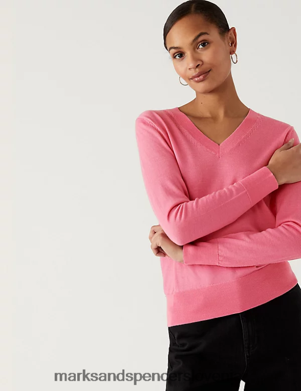 pulover z v-izrezom iz čiste merino volne cvet Marks & Spencer oblačila ženske 6T8F6X1923
