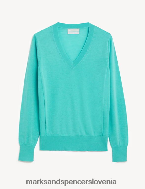 pulover z v-izrezom iz čiste merino volne srednja morska pena Marks & Spencer oblačila ženske 6T8F6X1922