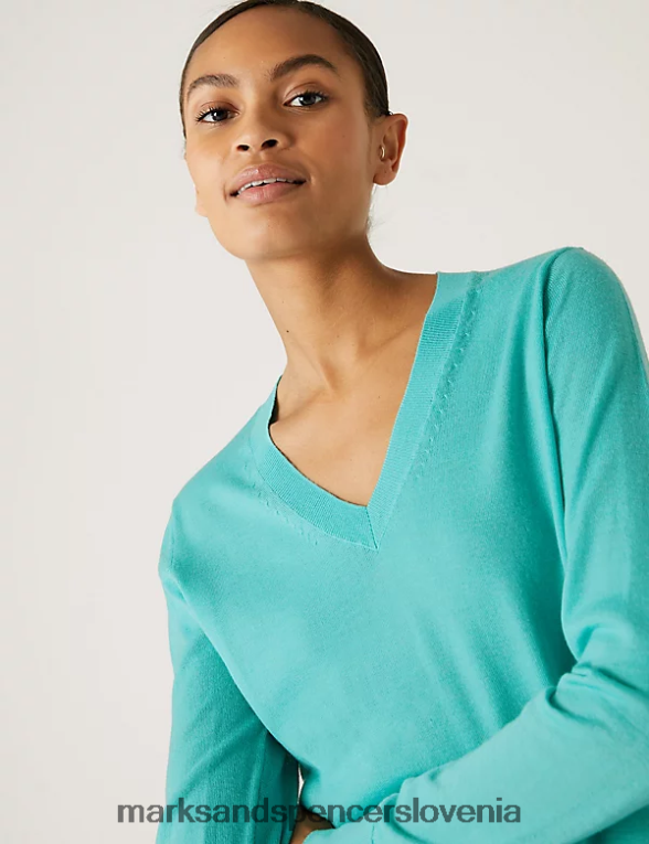 pulover z v-izrezom iz čiste merino volne srednja morska pena Marks & Spencer oblačila ženske 6T8F6X1922