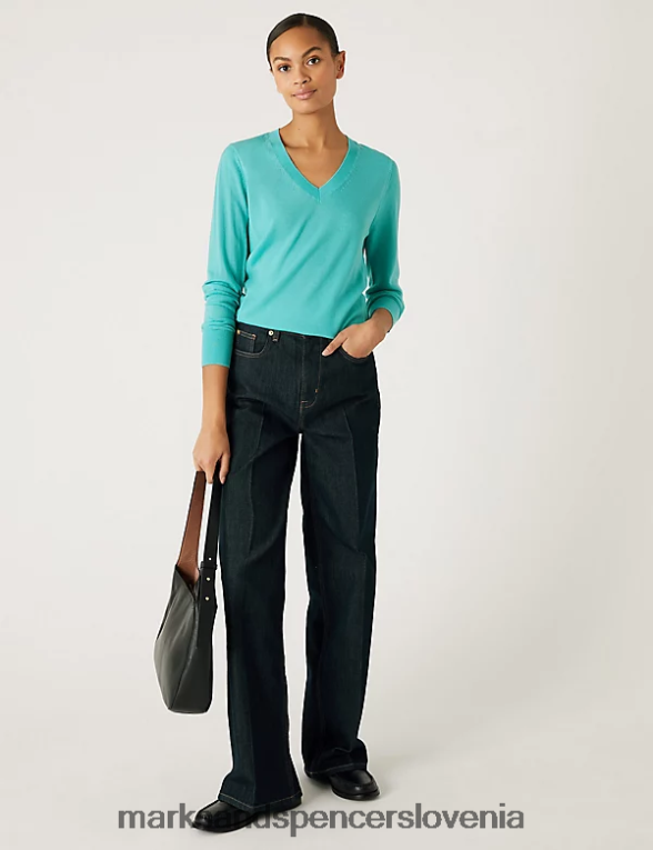 pulover z v-izrezom iz čiste merino volne srednja morska pena Marks & Spencer oblačila ženske 6T8F6X1922
