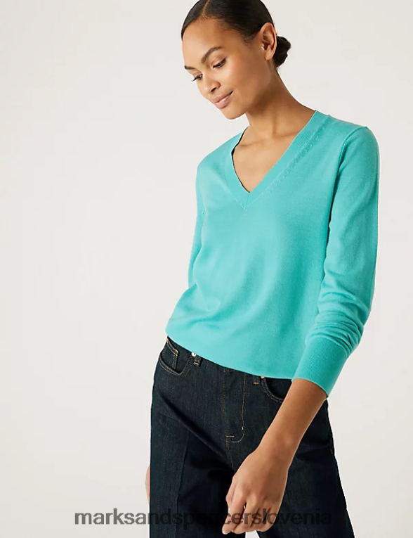 pulover z v-izrezom iz čiste merino volne srednja morska pena Marks & Spencer oblačila ženske 6T8F6X1922