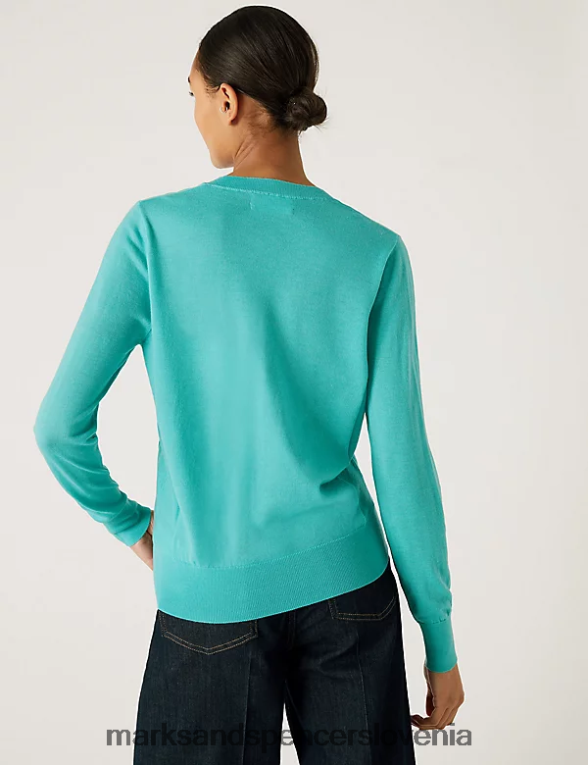 pulover z v-izrezom iz čiste merino volne srednja morska pena Marks & Spencer oblačila ženske 6T8F6X1922