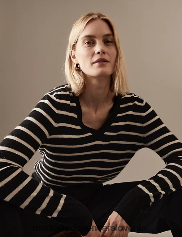 pulover z v-izrezom iz čistega kašmirja črna mešanica Marks & Spencer oblačila ženske 6T8F6X1893