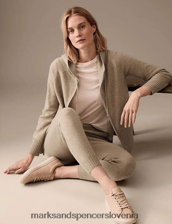 sproščen pulover s kapuco iz čistega kašmirja kapučino Marks & Spencer oblačila ženske 6T8F6X3021