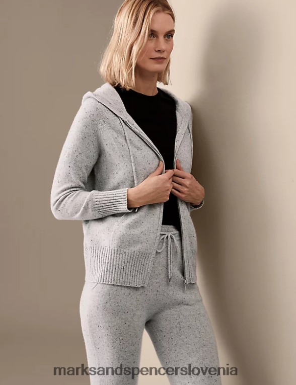 sproščen pulover s kapuco s teksturo čistega kašmirja siva mešanica Marks & Spencer oblačila ženske 6T8F6X2916