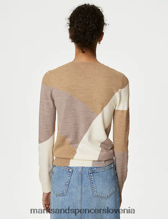 supersoft pulover z okroglim izrezom v barvnih blokih naravna mešanica Marks & Spencer oblačila ženske 6T8F6X326