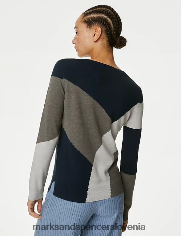 supersoft pulover z okroglim izrezom v barvnih blokih siva mešanica Marks & Spencer oblačila ženske 6T8F6X685