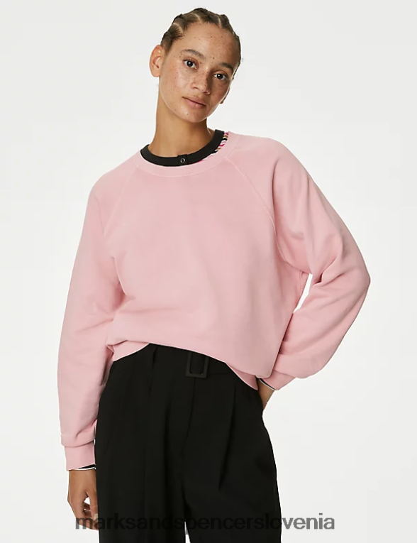 pulover z okroglim izrezom iz čistega bombaža roza Marks & Spencer oblačila ženske 6T8F6X523