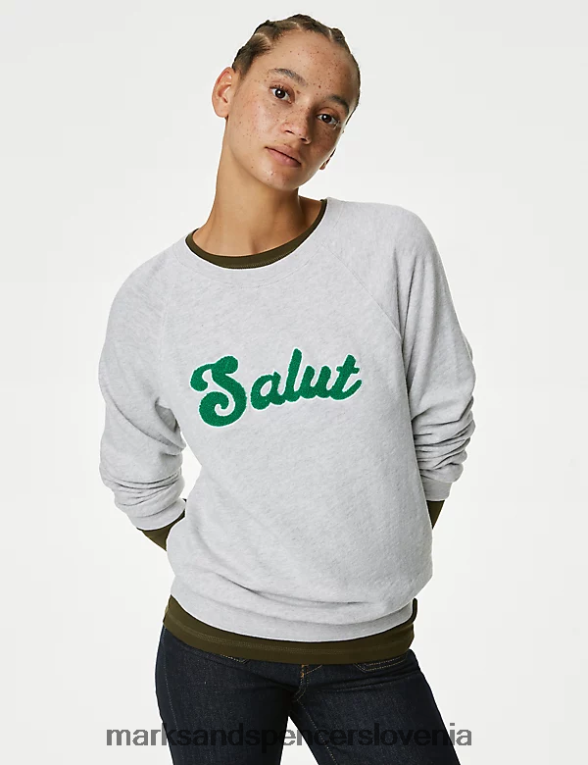 pulover z okroglim izrezom iz čistega bombaža sivi lapor Marks & Spencer oblačila ženske 6T8F6X1379