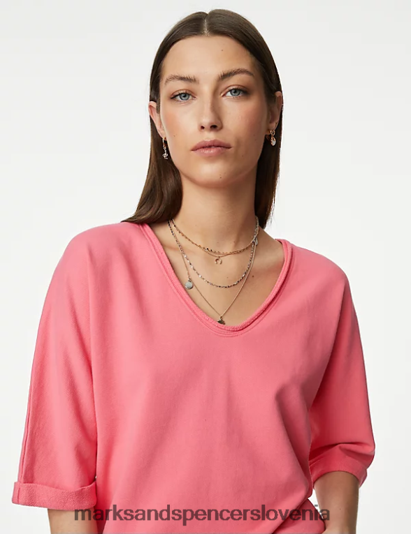 pulover z okroglim izrezom iz čistega bombaža srednje roza Marks & Spencer oblačila ženske 6T8F6X2954