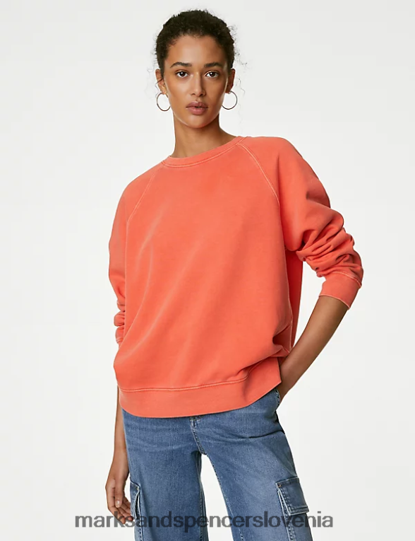 pulover z okroglim izrezom iz čistega bombaža svetlo oranžna Marks & Spencer oblačila ženske 6T8F6X905