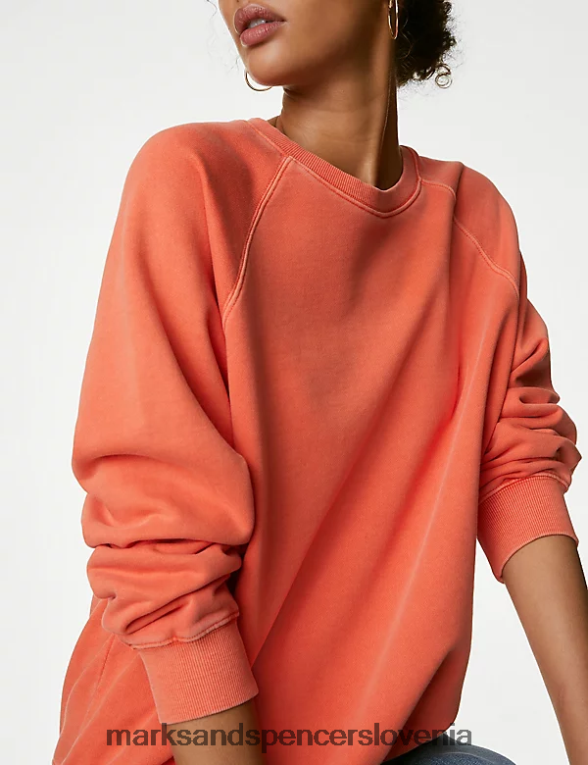 pulover z okroglim izrezom iz čistega bombaža svetlo oranžna Marks & Spencer oblačila ženske 6T8F6X905